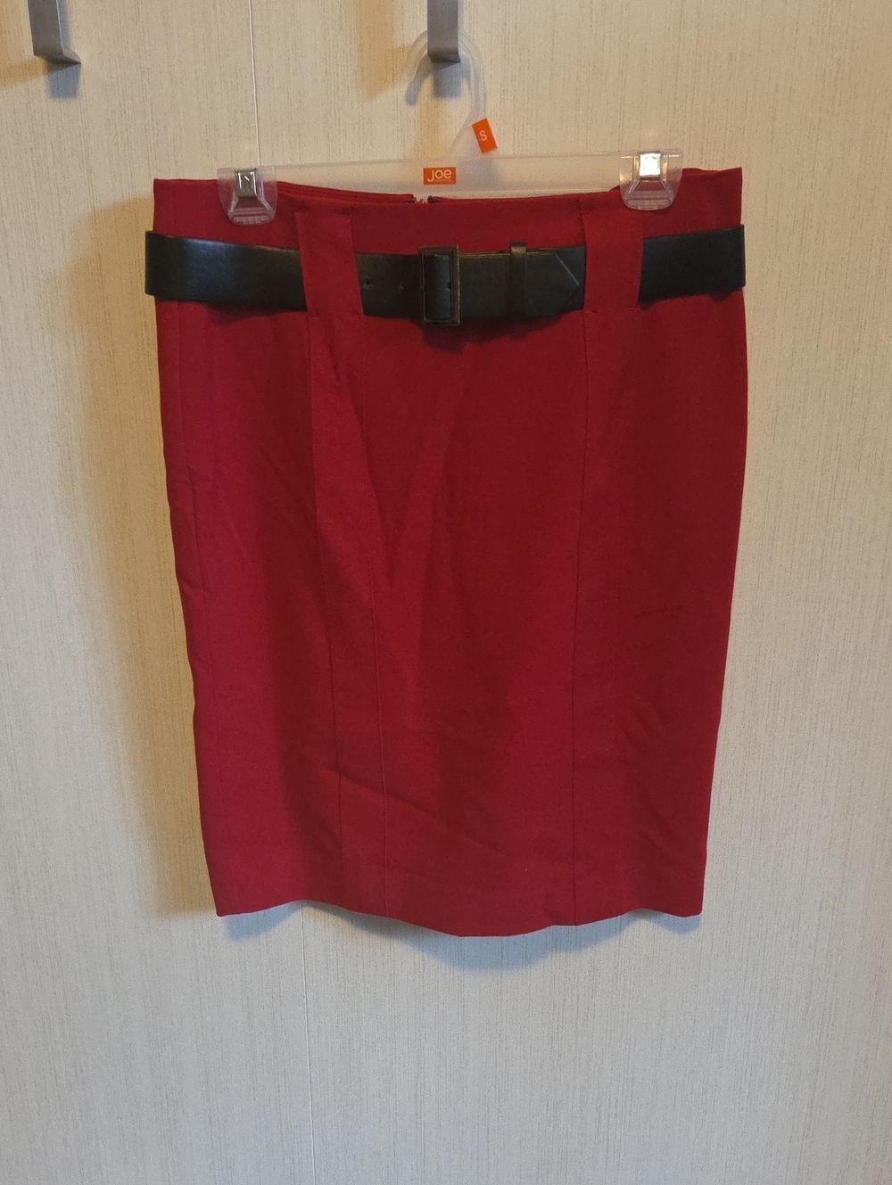 le chateau Red Pencil Skirt with Black Belt Accent